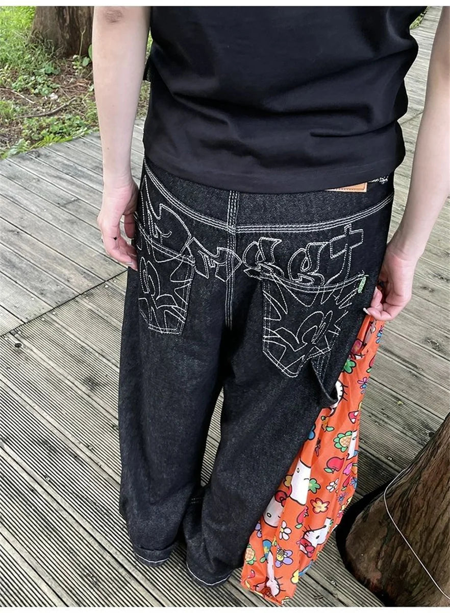 Y2k Embroidered Black Wide Leg Jeans Women American Retro Casual Loose Denim Pants Streetwear 2025 New High Waist Baggy Trousers