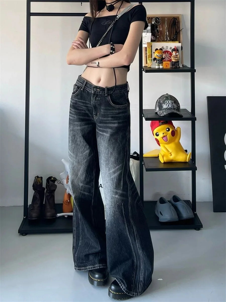Y2k Embroidered Black Wide Leg Jeans Women American Retro Casual Loose Denim Pants Streetwear 2025 New High Waist Baggy Trousers