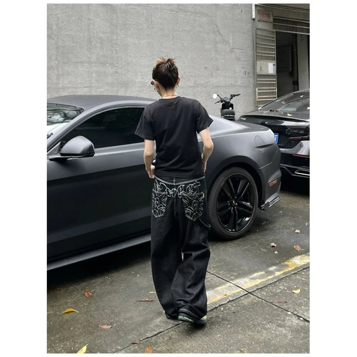 Y2k Embroidered Black Wide Leg Jeans Women American Retro Casual Loose Denim Pants Streetwear 2025 New High Waist Baggy Trousers