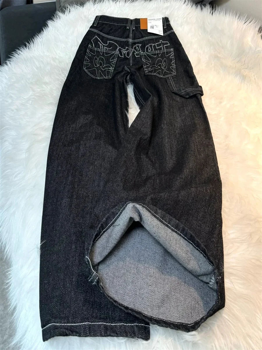 Y2k Embroidered Black Wide Leg Jeans Women American Retro Casual Loose Denim Pants Streetwear 2025 New High Waist Baggy Trousers