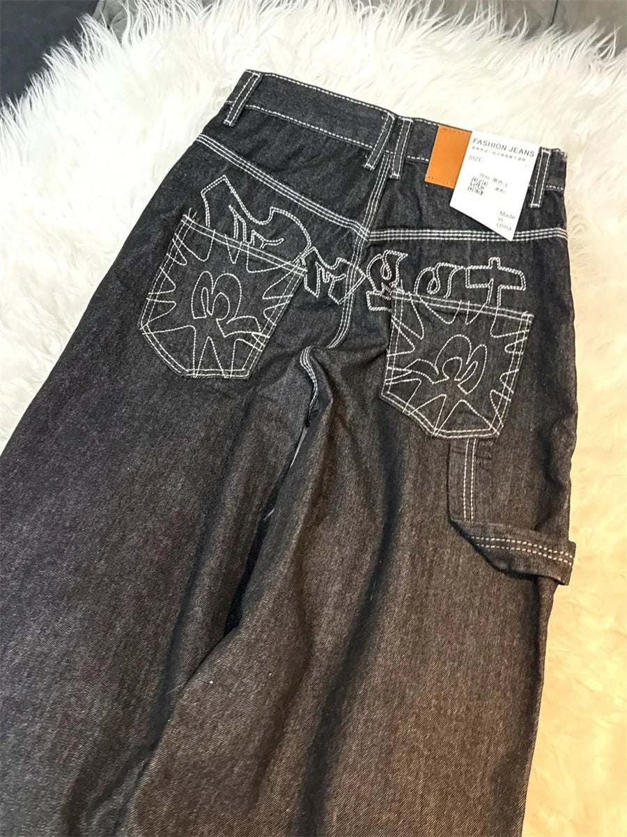 Y2k Embroidered Black Wide Leg Jeans Women American Retro Casual Loose Denim Pants Streetwear 2025 New High Waist Baggy Trousers