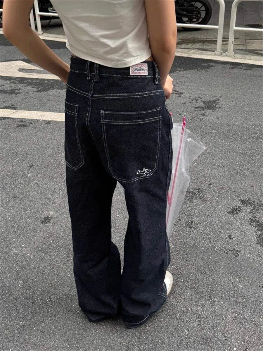 Y2k Embroidered Black Wide Leg Jeans Women American Retro Casual Loose Denim Pants Streetwear 2025 New High Waist Baggy Trousers