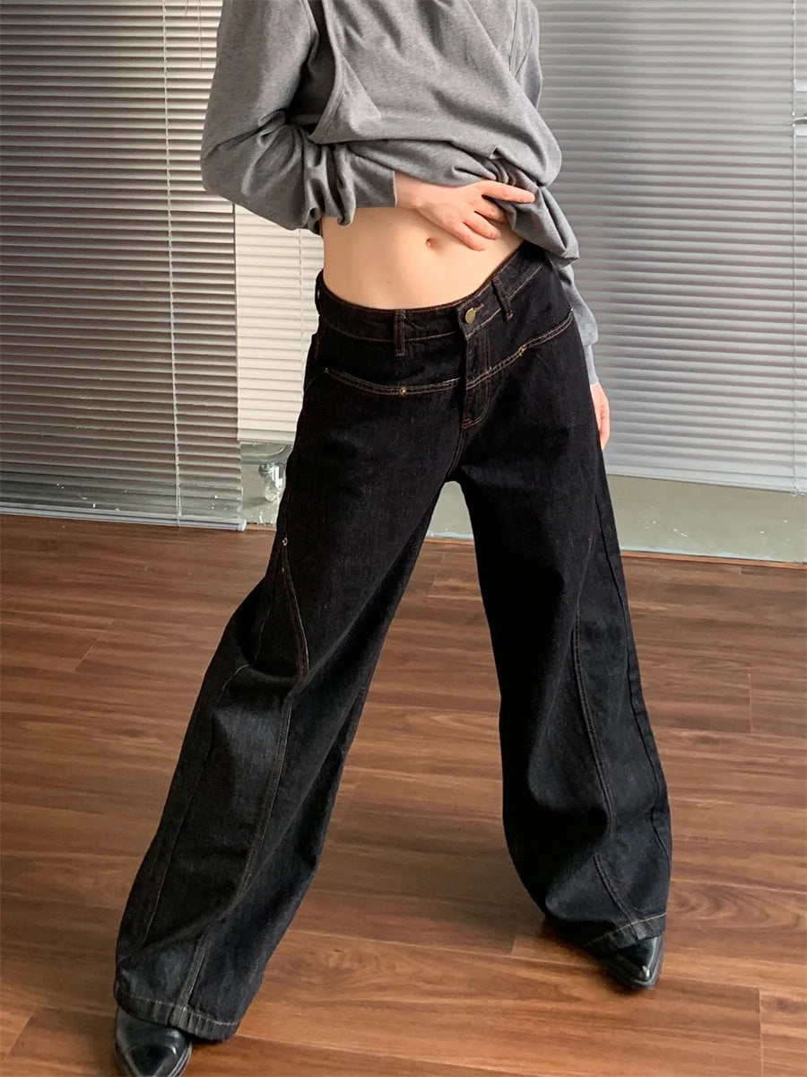 Y2k Embroidered Black Wide Leg Jeans Women American Retro Casual Loose Denim Pants Streetwear 2025 New High Waist Baggy Trousers
