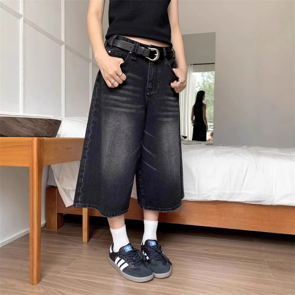 Y2k Embroidered Black Wide Leg Jeans Women American Retro Casual Loose Denim Pants Streetwear 2025 New High Waist Baggy Trousers