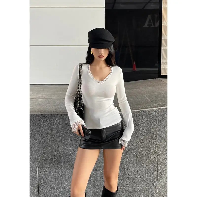Yedinas Patchwork Lace Women's T-shirt Long Sleeve Autumn Winter Tops Korean Fashion Sexy Slim Tees Female Clothing Chic Tshirt