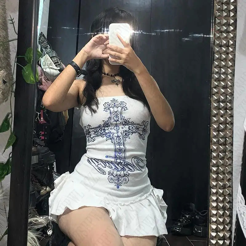 Y2k Women Chest Hugging Dress Gothic Hip Hop Punk Graphic Aesthetic Harajuku 2000s Vintage Streetwear High Street Retro EMO Girl