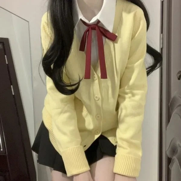 Yellow Knitted Cardigan Sweater Cute Japanese Preppy Style Long Sleeve Top Suit For Women Fashionable and Elegant Design