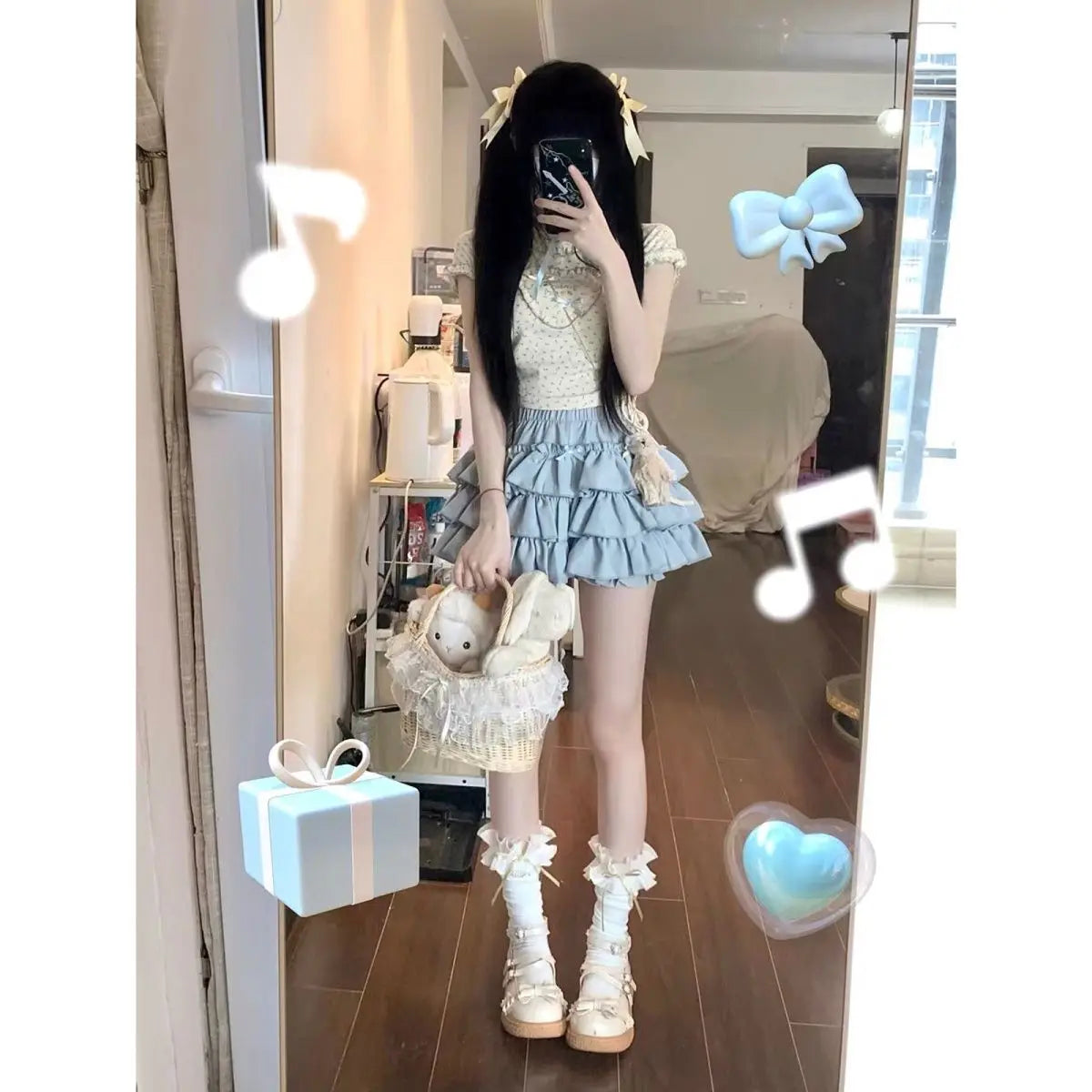 Y2k Fashion Summer Kawaii Sweet Two Piece Set Women Strappy Korean Party Skirt Set Female Ruffle Flounce Lolita Cake Skirt Suit