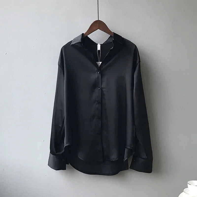 2025 Autumn Vintage Casual Button Silk Tops Elegant Satin Loose Women Shirt Spring Turn-down Collar Ladies Blouse