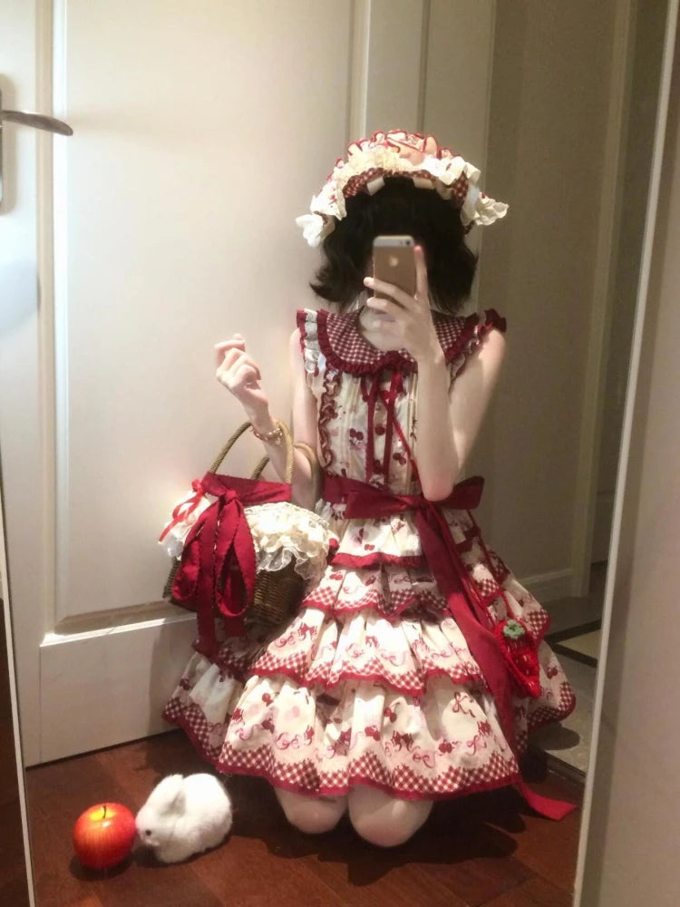 2025 New Japanese Cherry Sweetheart Lolita Dress Women Flying Sleeve Peter Pan Collar Mini Dress Kawaii Cute Princess Clothing