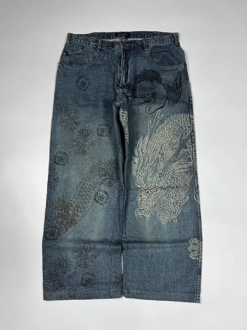 Y2K Mens Dragon Print Loose Fit Baggy Jeans Denim High Street Urban Casual Trendy Fashion Hip Hop Streetwear Daily Wear Style