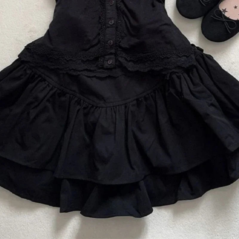 Y2k Gothic Vintage Black Lace 2 Piece Set Women Hepburn Chic Slim Lace Puff Sleeve Tops Female + High-waist Ruffle Short Skirt
