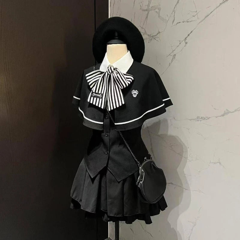 Y2k High Waist Lolita Short Skirt Suit France Vintage Slim Slash Neck Print 2 Piece Set Women Sweet Cute Off Shoulder Top Female