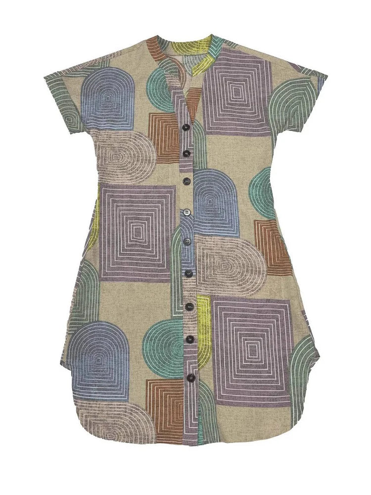 2025 European and American women's clothing foreign trade Amazon summer geometric printing elegant V-neck button up dress