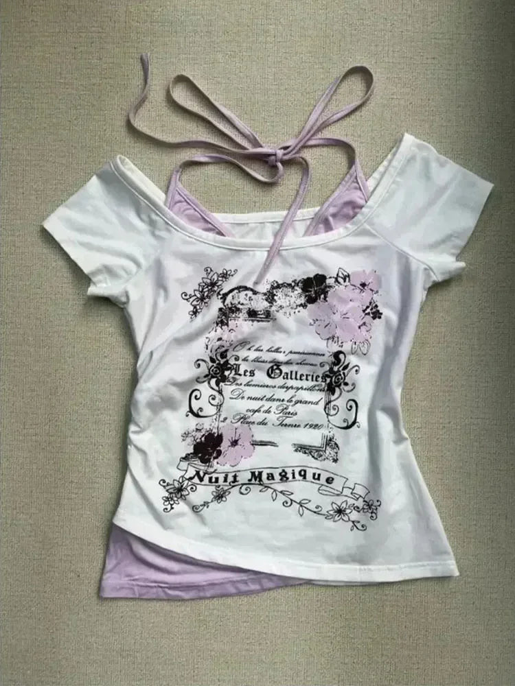 2025 Summer Vintage Fake Two Piece Halter Lace Up T-shirts Y2k Slim Fit Print Tops Women Off Shoulder Short Sleeve Tee Shirt