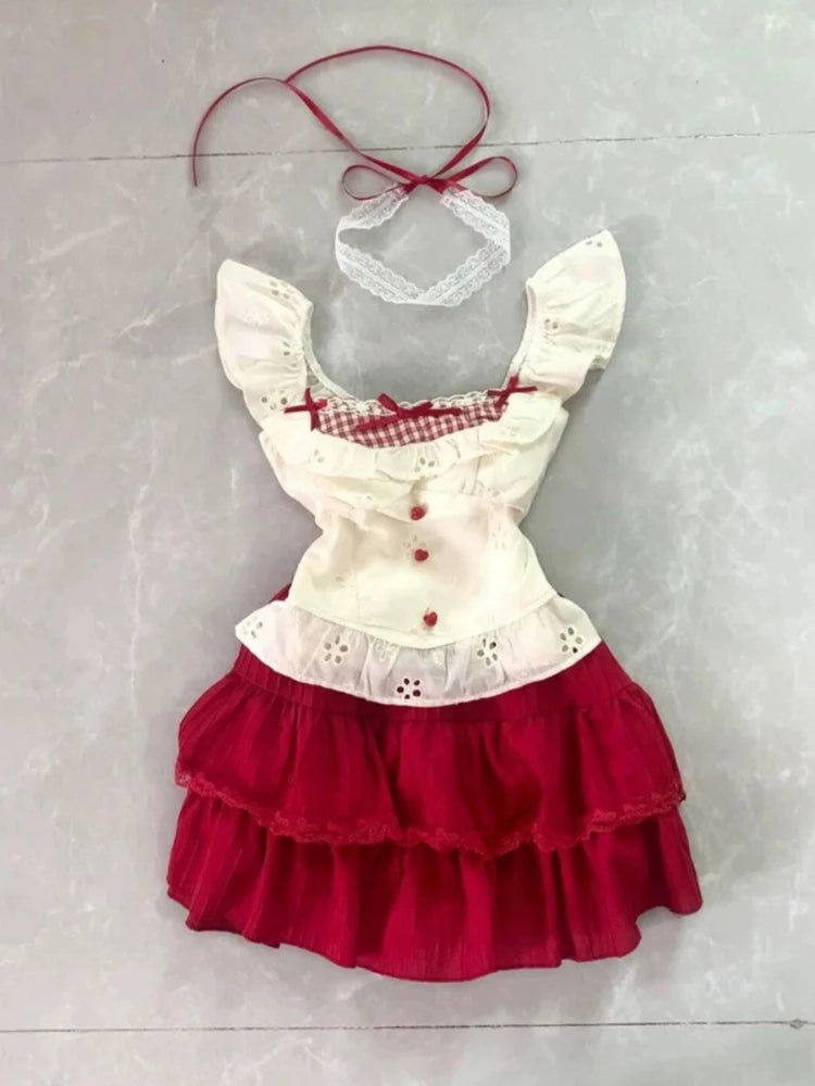 2025 Summer Sweet Lace Patchwork Cute Suit Women Lovely Bow Tops + Mini Cake Skirts New Japanese Fashion Kawaii Slim 2 Piece Set