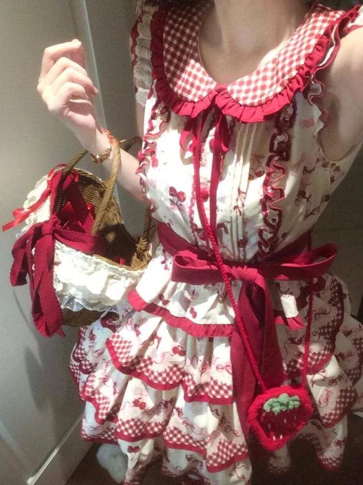 2025 New Japanese Cherry Sweetheart Lolita Dress Women Flying Sleeve Peter Pan Collar Mini Dress Kawaii Cute Princess Clothing
