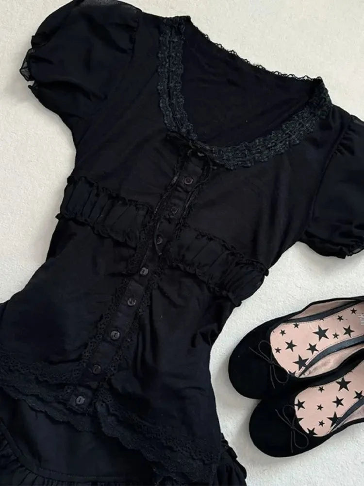 Y2k Gothic Vintage Black Lace 2 Piece Set Women Hepburn Chic Slim Lace Puff Sleeve Tops Female + High-waist Ruffle Short Skirt