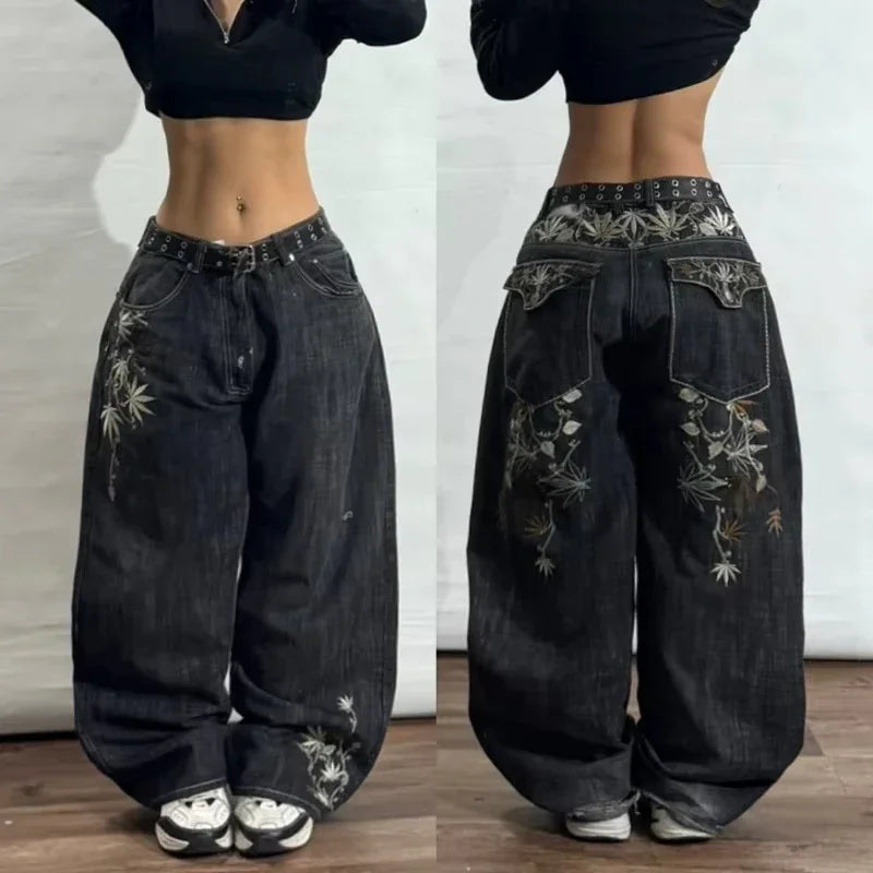 2025 New American Trend Vintage Hip-hop Embroidery Pattern Baggy Jeans Men And Women Y2K Harajuku Gothic Wide Pants Streetwear