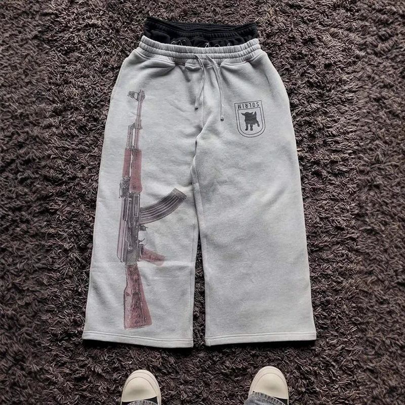 Y2k Street Trend Contrast Drawstring Daily Sweatpants Men Women The Same Fake Two Trendy High Street Leisure Loose Sweatpants