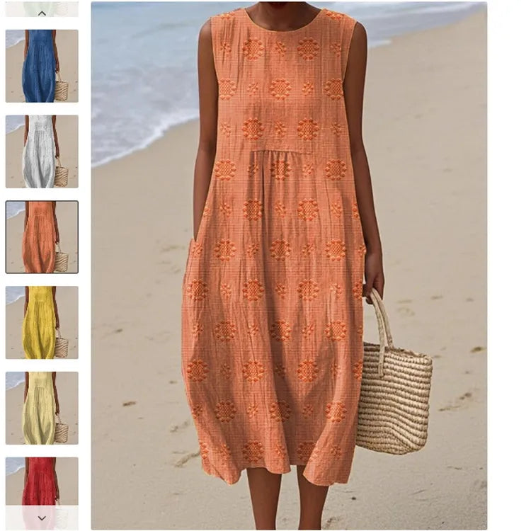2026Spring Summer Fashion New Sleeveless Print Loose Midi Dresses For Women Casual O-neck Pocket A-line Dress Ladies Beach Dress