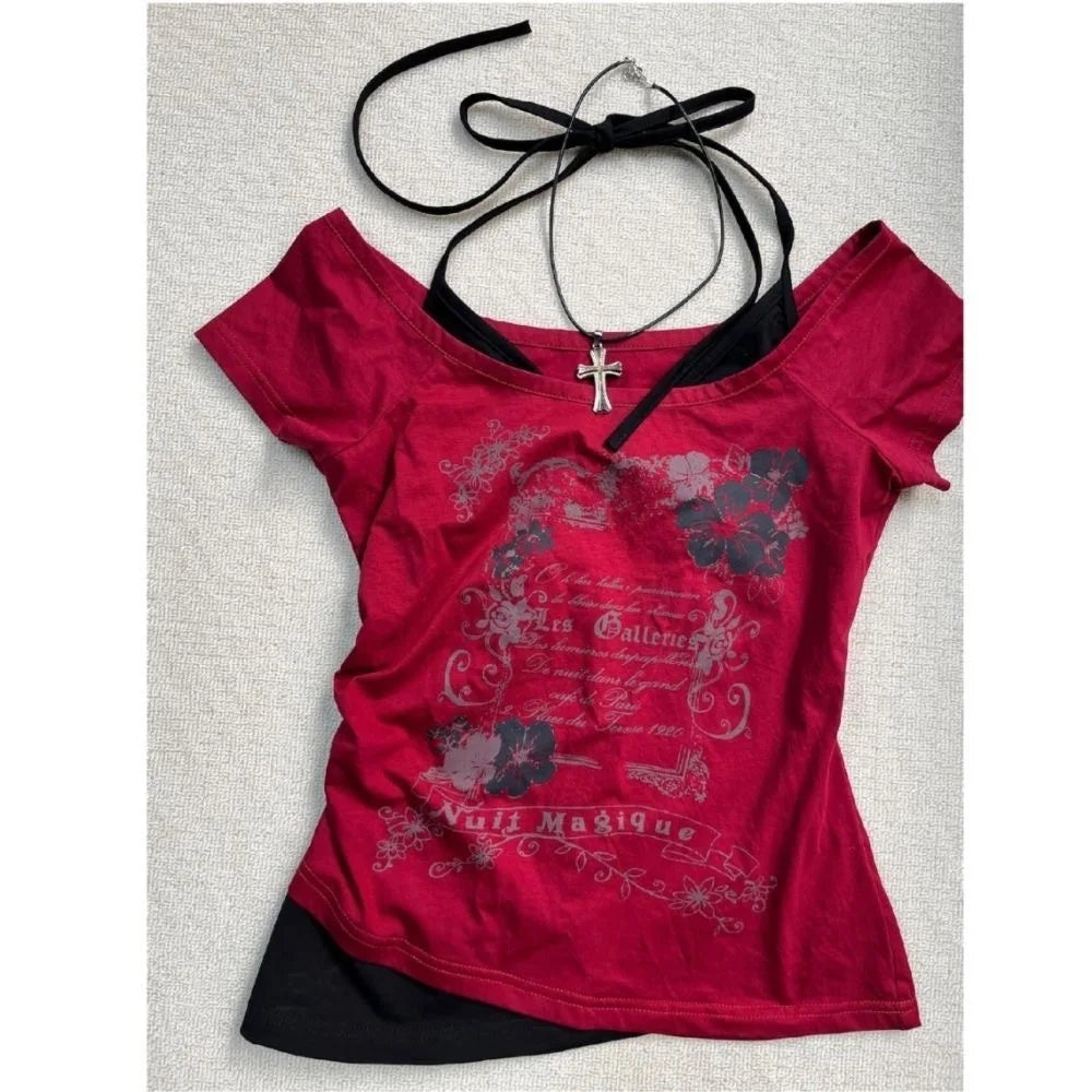 2025 Summer Vintage Fake Two Piece Halter Lace Up T-shirts Y2k Slim Fit Print Tops Women Off Shoulder Short Sleeve Tee Shirt