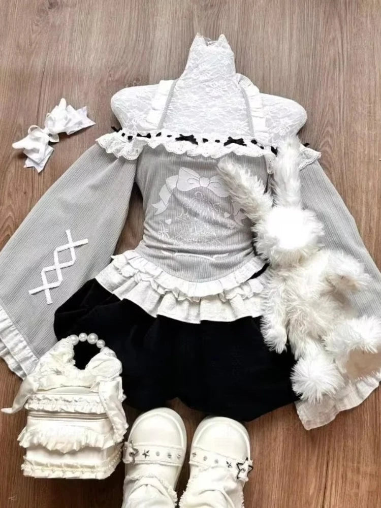 Y2k High Waist Lolita Short Skirt Suit France Vintage Slim Slash Neck Print 2 Piece Set Women Sweet Cute Off Shoulder Top Female