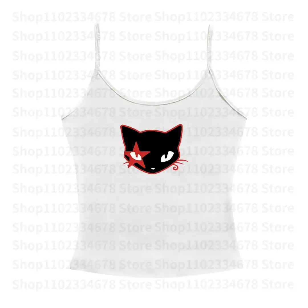 Y2K Gothic Emo Vintage Sleeveless Tank Tops Kitten Printed Sweat Vest Y2K Aesthetic Harajuku Streetwear Women Slim Fit Crop Tops