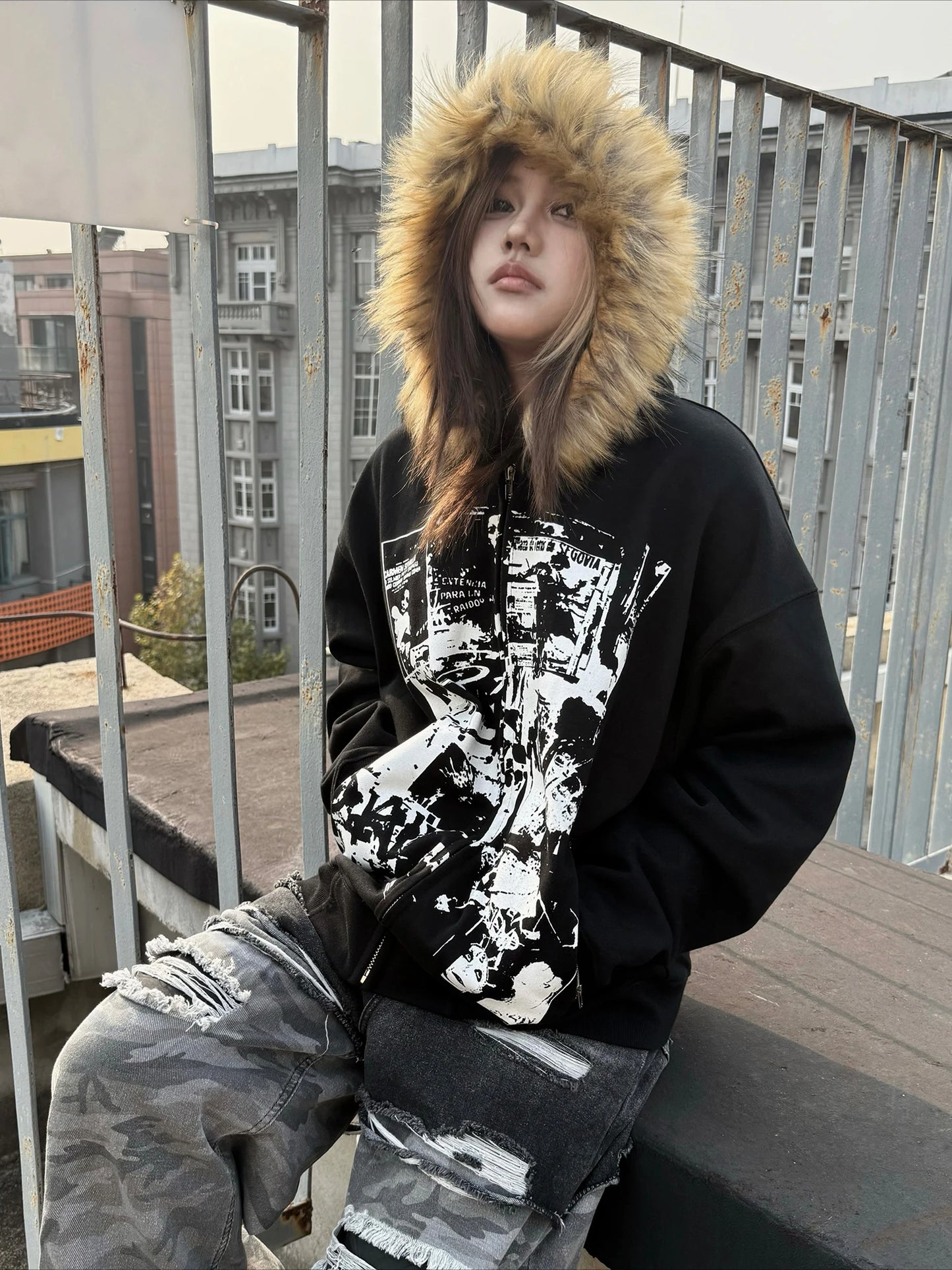 American Vintage Black Faux Fur Sweatshirts Women Letter Printed Subculture Coats with Hooded Female Gothic Harajuku Jackets Y2k
