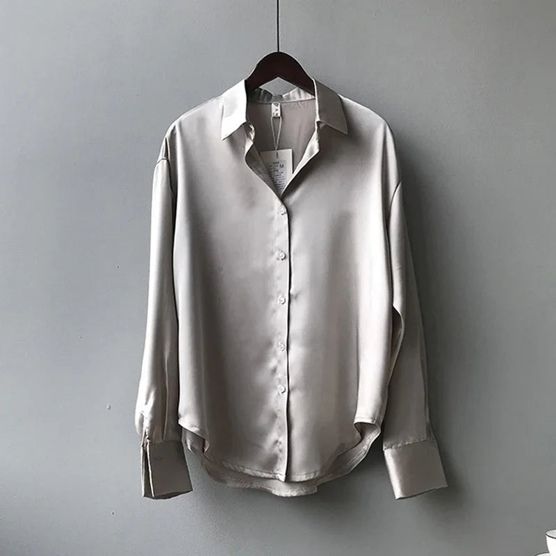 2025 Autumn Vintage Casual Button Silk Tops Elegant Satin Loose Women Shirt Spring Turn-down Collar Ladies Blouse