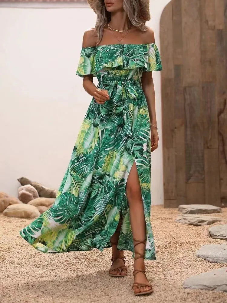 2024 Summer Fashion Printed Dress Sleeveless One-line Collar Ruffled Lace-Up Waist Dress Elegant Commuting Swing Dress