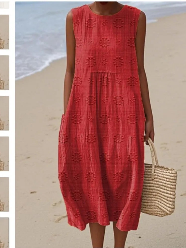 2026Spring Summer Fashion New Sleeveless Print Loose Midi Dresses For Women Casual O-neck Pocket A-line Dress Ladies Beach Dress