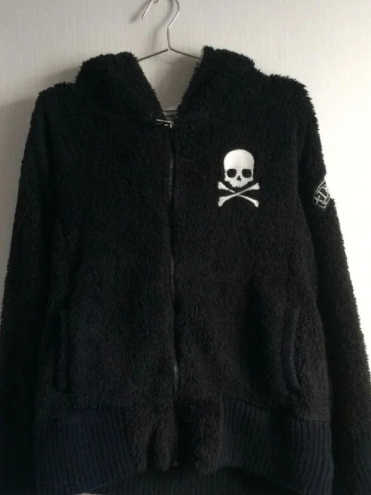 Y2k Lamb Wool Jackets Women Gothic Hoodies Cross Skull Grunge Zipper Sweatshirts Vintage Casual Hooded Coats Harajuku Streetwear
