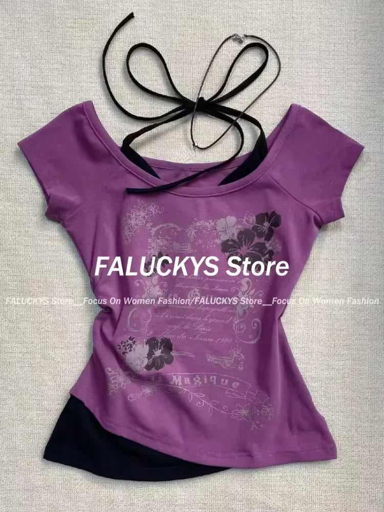 Y2K Retro Street Print T-shirt Fashion Streetwear Halter Neck Fake Two Piece Harajuku 2024 Summer Casual T-Shirt Women Clothes