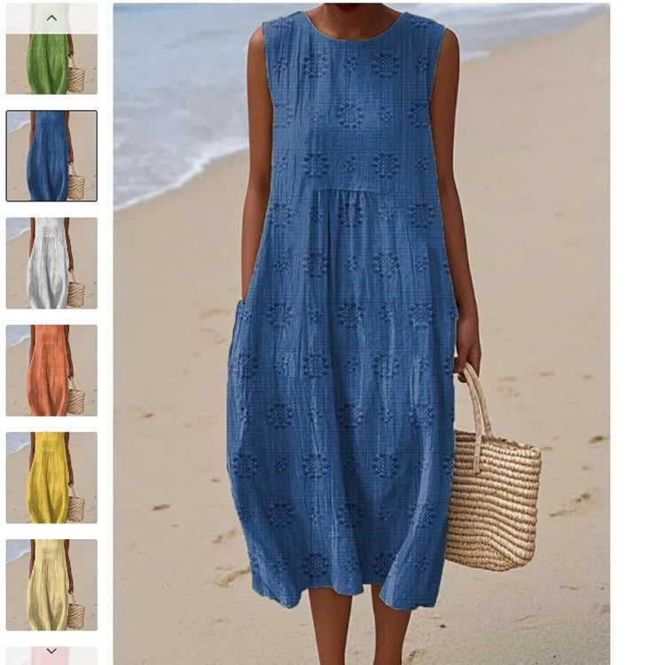 2026Spring Summer Fashion New Sleeveless Print Loose Midi Dresses For Women Casual O-neck Pocket A-line Dress Ladies Beach Dress