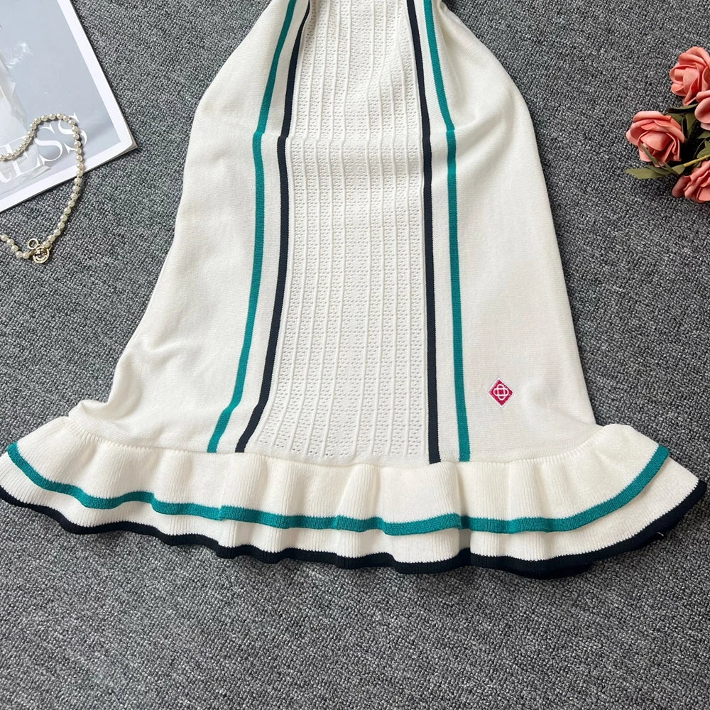 YuooMuoo Women Dress 2025 Summer Vintage Turn-down Collar Knitted Mini Dress Lady Slim Elastic Ruffled Bodycon Party Dress Robes