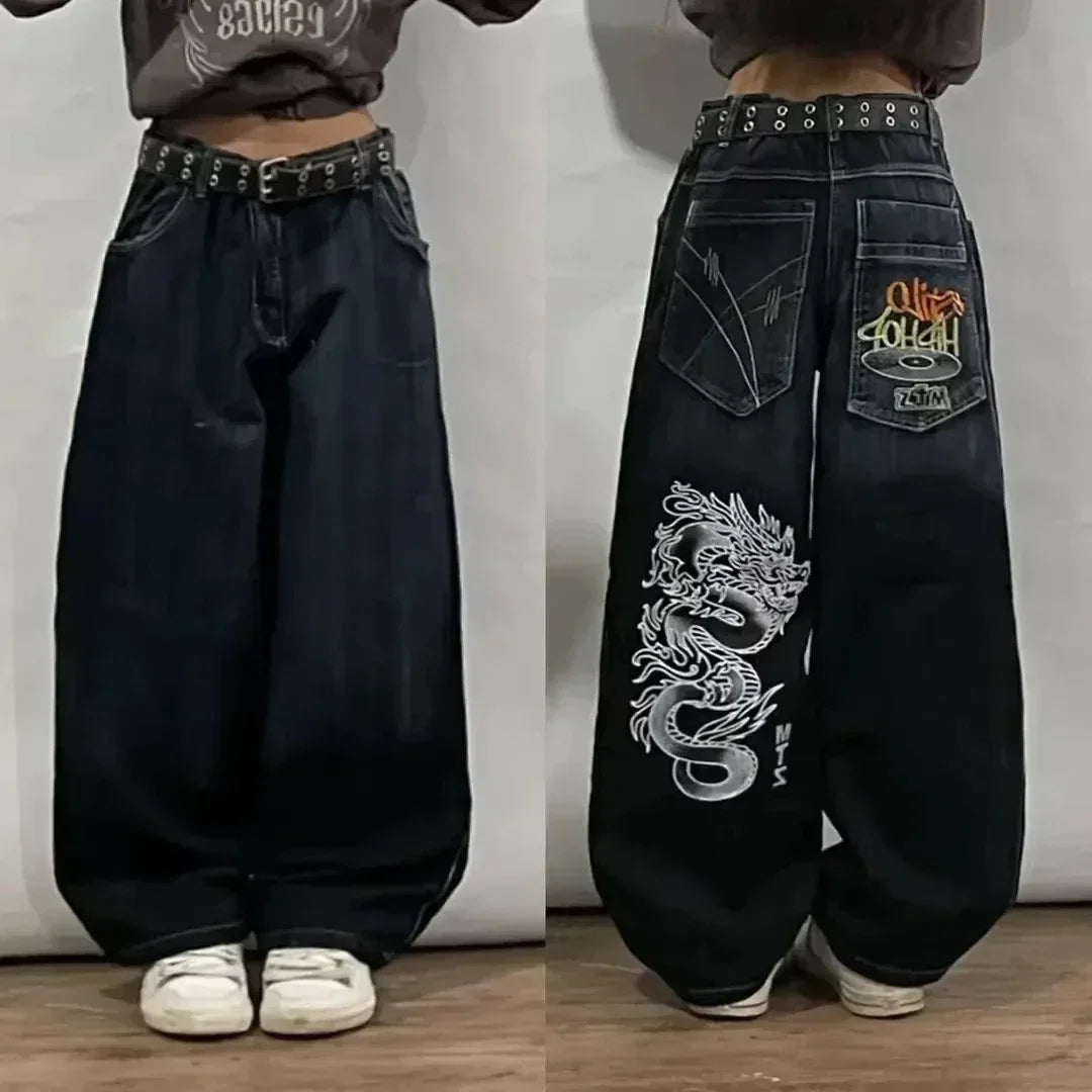 2025 New American Trend Vintage Hip-hop Embroidery Pattern Baggy Jeans Men And Women Y2K Harajuku Gothic Wide Pants Streetwear