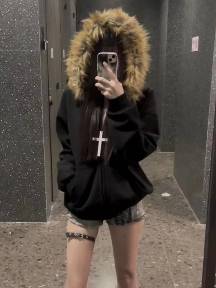 American Vintage Black Faux Fur Sweatshirts Women Letter Printed Subculture Coats with Hooded Female Gothic Harajuku Jackets Y2k