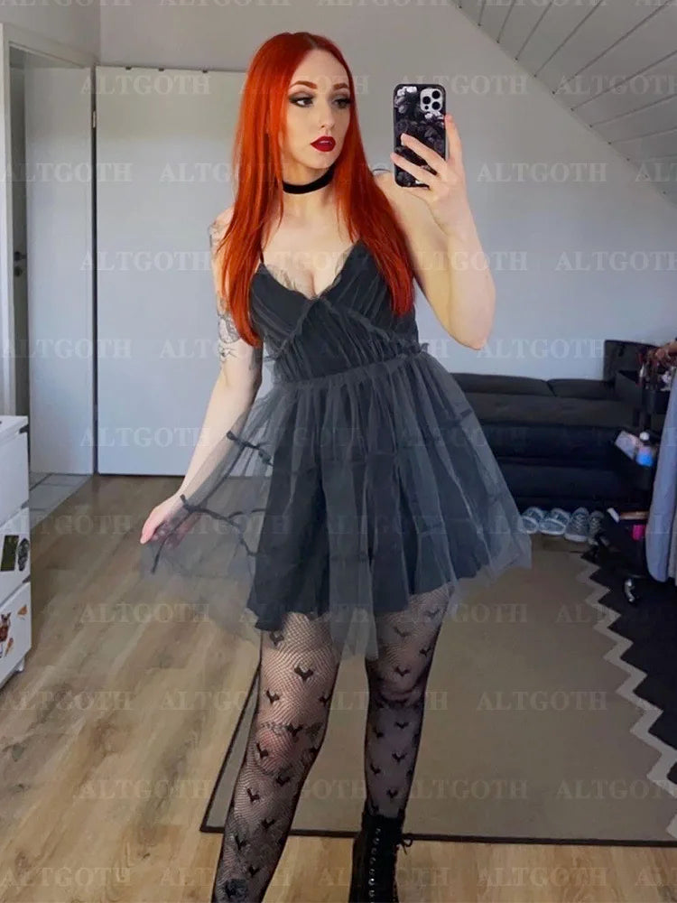 AltGoth Y2k Gothic Mesh Dress Women Fairycore Grunge Streetwear Sexy Spaghetti Strap High Waist A-line Dress Soft Goth Outfits