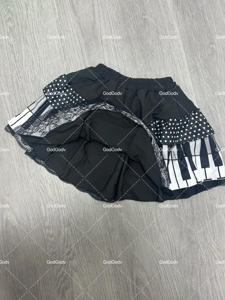 American Vintage Black White Piano Keys Skirts Y2k Slim Waist Ruched A-line Skirt Women 2025 Summer New Korea Style Chic Mujer