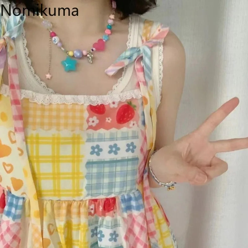 2025 Vestidos De Mujer Cute Woman Dress Bandage Patchwork Lace Contrast Color Plaid Robe Femme Loose Summer Dresses