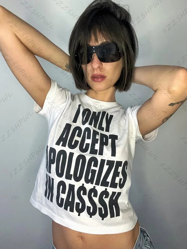 Y2K solid color American letter printing fashion trend high street crop top rock punk Harajuku high street hot girls round neck