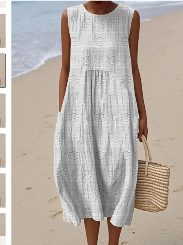 2026Spring Summer Fashion New Sleeveless Print Loose Midi Dresses For Women Casual O-neck Pocket A-line Dress Ladies Beach Dress