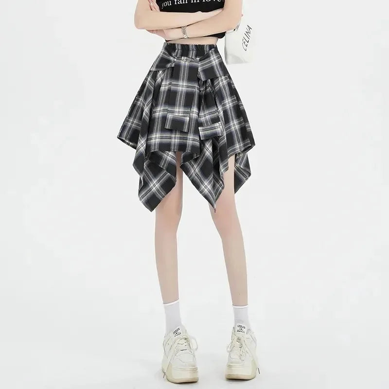 2025 Summer Women Casual Street Fashion Irregular Plaid Skirt Bow-knot Elastic Waist Mini Shirts Teenagers Girls Hip Hop Clothes