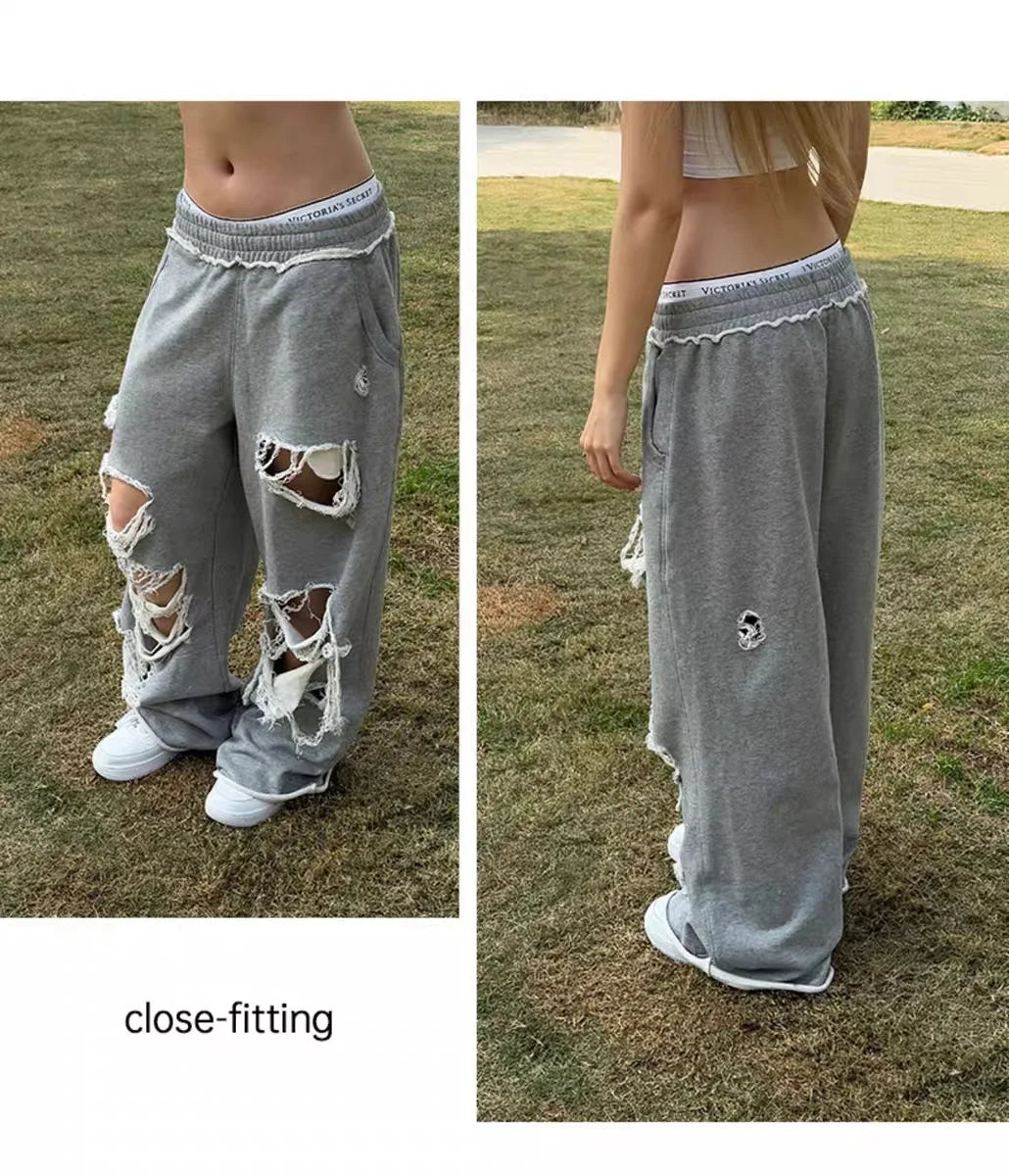 American Street Hole Casual Pants for Women Y2k Harajuku Loose Irregular Men and Women Wide Leg Sports Pants Streetwear Women
