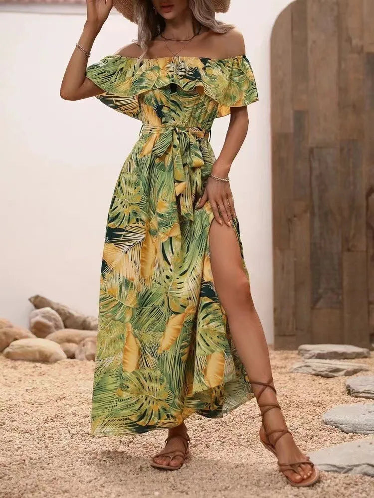 2024 Summer Fashion Printed Dress Sleeveless One-line Collar Ruffled Lace-Up Waist Dress Elegant Commuting Swing Dress