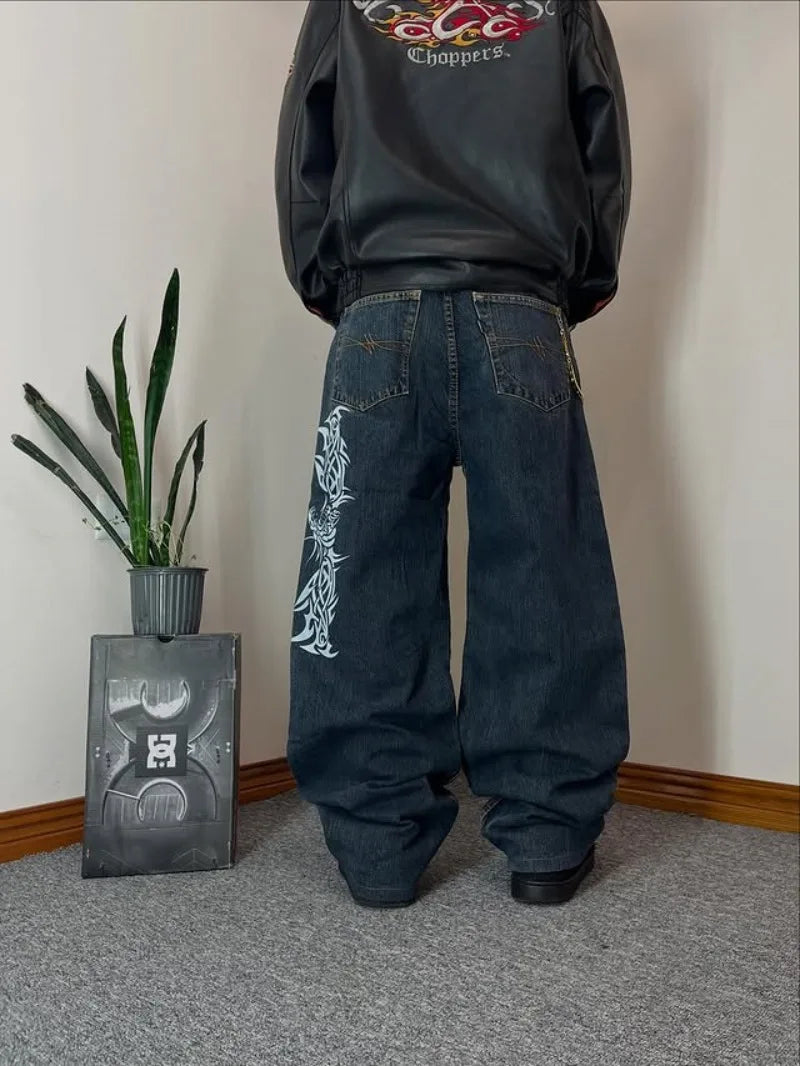 Y2K Mens Dragon Print Loose Fit Baggy Jeans Denim High Street Urban Casual Trendy Fashion Hip Hop Streetwear Daily Wear Style