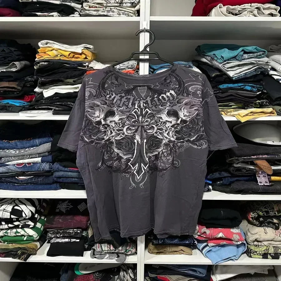 2025 Fall Affliction Red Long sleeved T shirt Round Neck Oversized shirt Casual Gothic Skull Holy Writ Letter Tops Streetwear