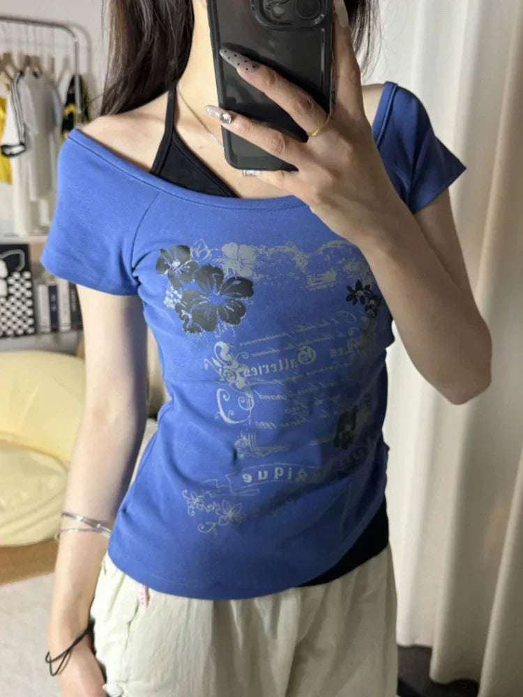 2025 Summer Vintage Fake Two Piece Halter Lace Up T-shirts Y2k Slim Fit Print Tops Women Off Shoulder Short Sleeve Tee Shirt