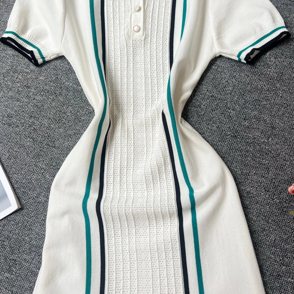 YuooMuoo Women Dress 2025 Summer Vintage Turn-down Collar Knitted Mini Dress Lady Slim Elastic Ruffled Bodycon Party Dress Robes